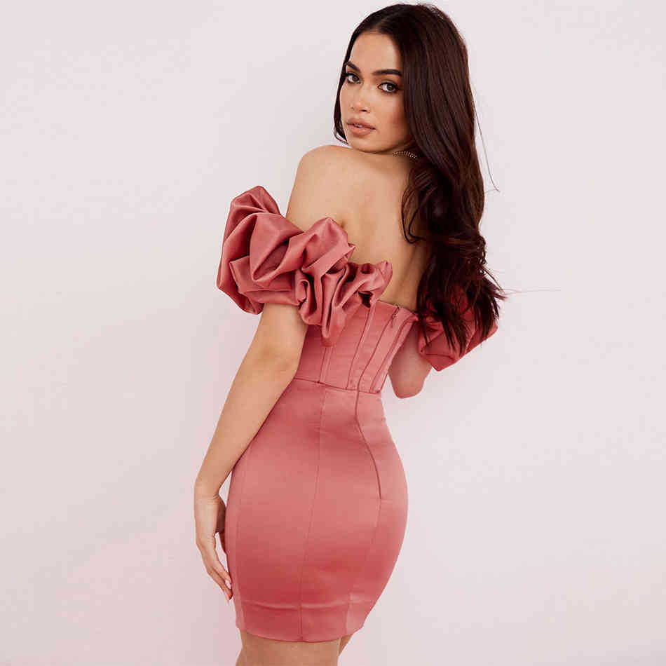 Summer Women Fashion Pink Off Shoulder Mini Dress Sexy Short Sleeve Ruffles Celebrity Evening Runway Club Party 210423
