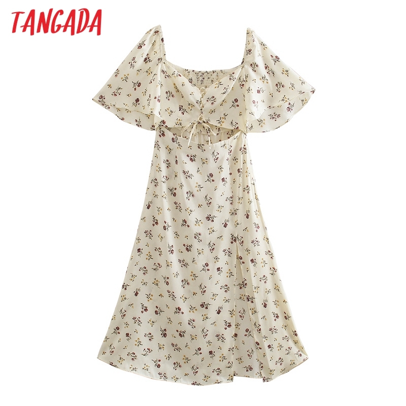 Summer Women Flowers Print Holiday Hollow Short Sleeve Ladies Midi Dress Vestidos 5Z92 210416
