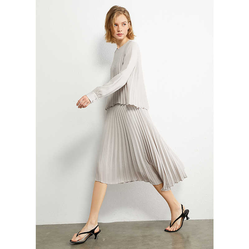 Minimalism Autumn Women's Dress Fashion Pleated Solid Oneck Loose Aline Knee-length Causal For Women 12030366 210527