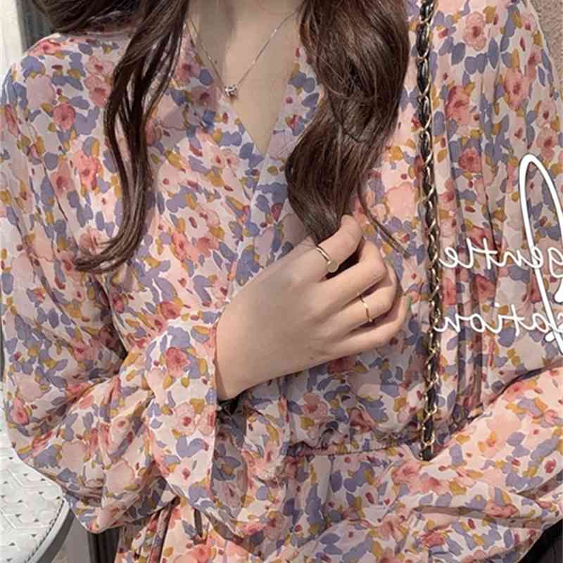 Spring French Floral Print V-Neck Ruffles Mid Calf Chiffon Dress for Women 210615Z