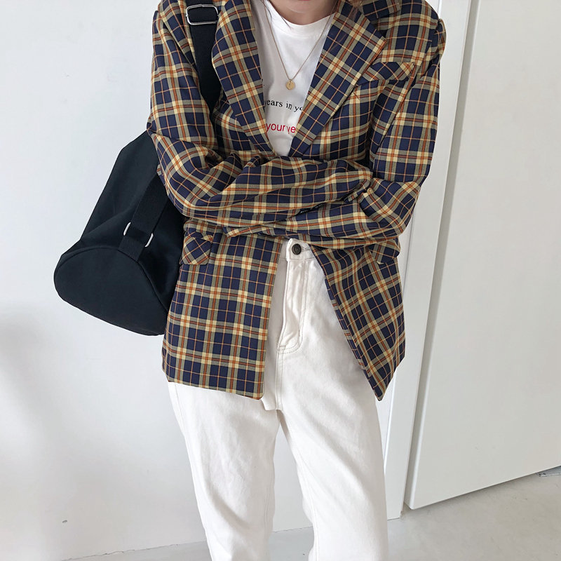 Retro Yellow Plaid Chic Office Lady Vintage Loose England Style Women Plus Size Feminine All Match Blazer 210421