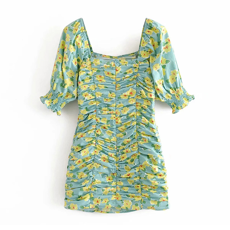 Floral Print Mini Dress Women Short Sleeve Party Bodycon Female Square Collar Pleated Summer Sundresses Robe 210508