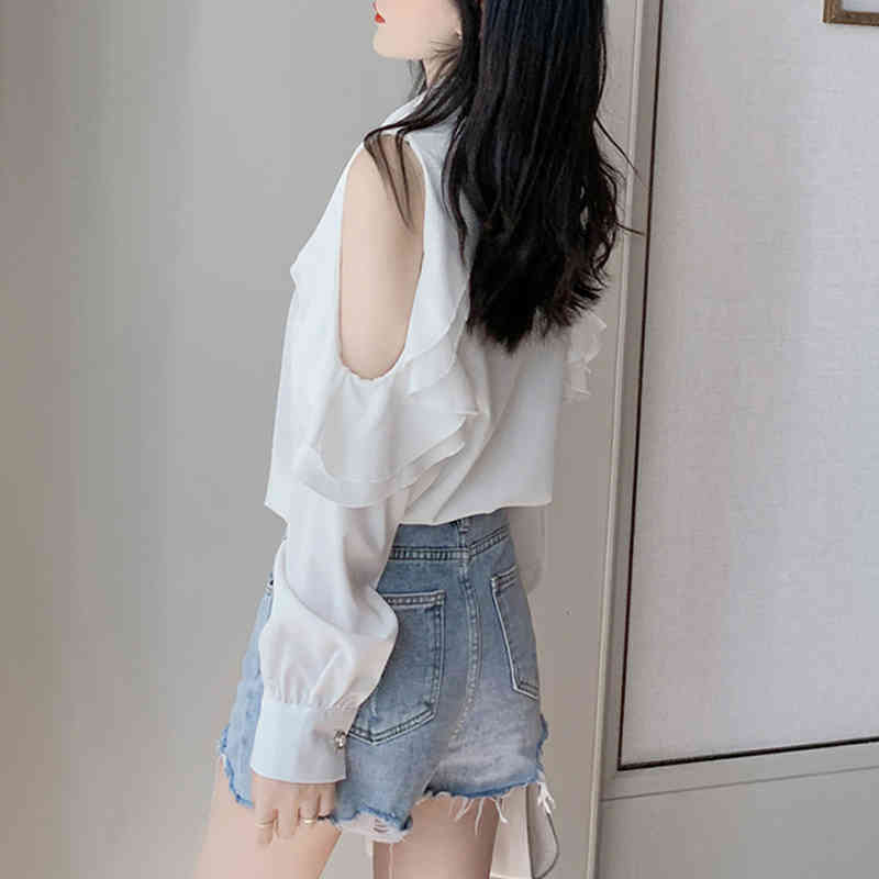 Women Temperament Korean Fashion Loose Reffles Turn-down Collar White Blouse Autumn Off-Shoulder Chiffon Shirt Blusas 10844 210518