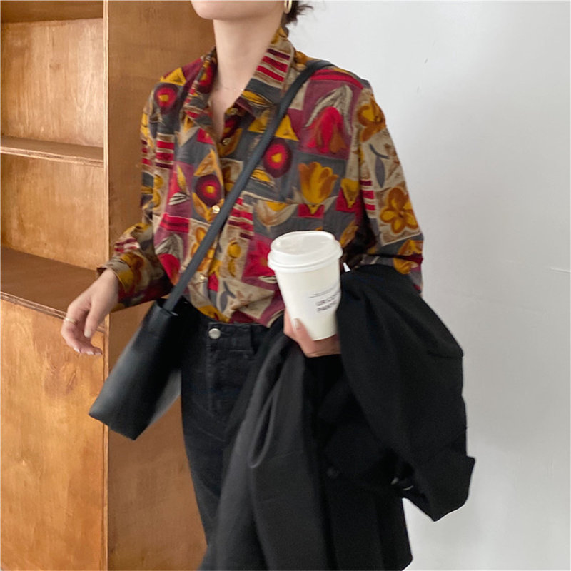 Oversize Female Elegant Office Lady Blouses Retro Print Loose Women Casual Fashion Vintage Chic All Match Shirts 210421
