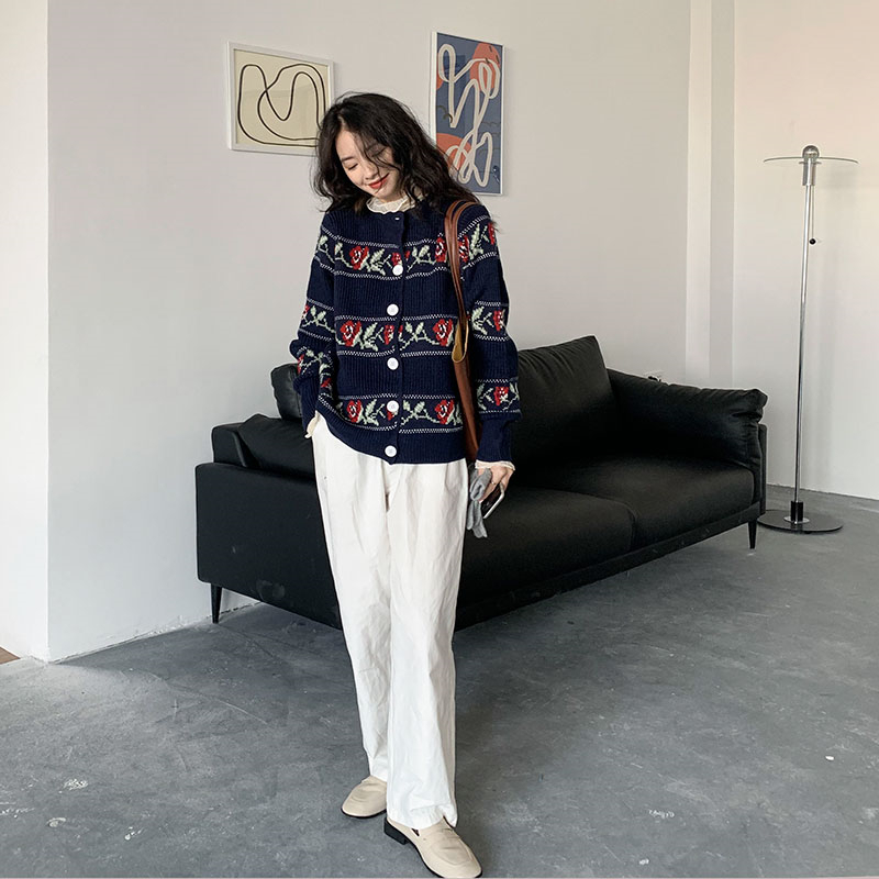 Spring Autumn OL Outwear Tops Rose Vintage Jacquard Sweater Coat Women Elegant Knitted Cardigan Sweaters Female 210421