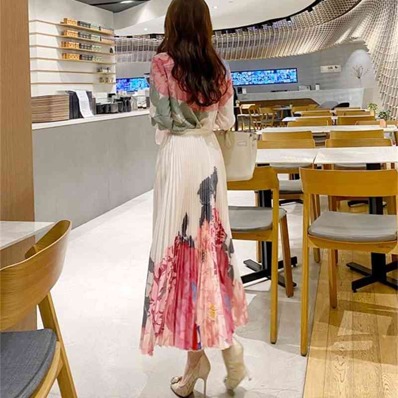 High Quality Autumn Fashion Bow Collar flowers printing Long sleeve Blouse Top+ Midi Pleated Skirt Flower 2PCS Clothing Set 210519