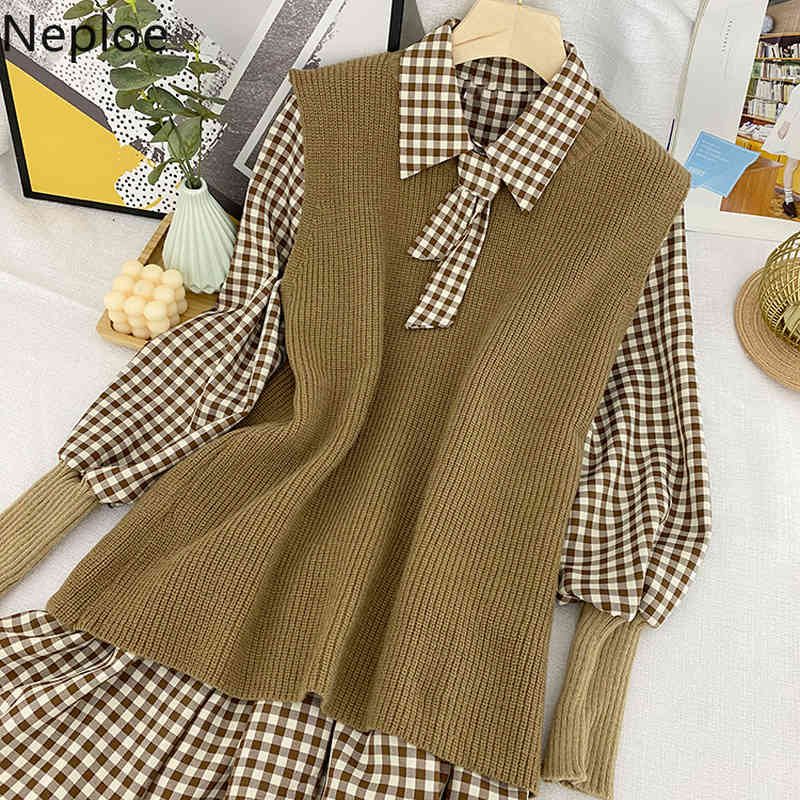 Neploe Two Piece Outfits for Women Fall Clothes Plaid Dress Knitted Sweater Vest Korean Fashion Suit Ropa Mujer 2 Piece Set 210422
