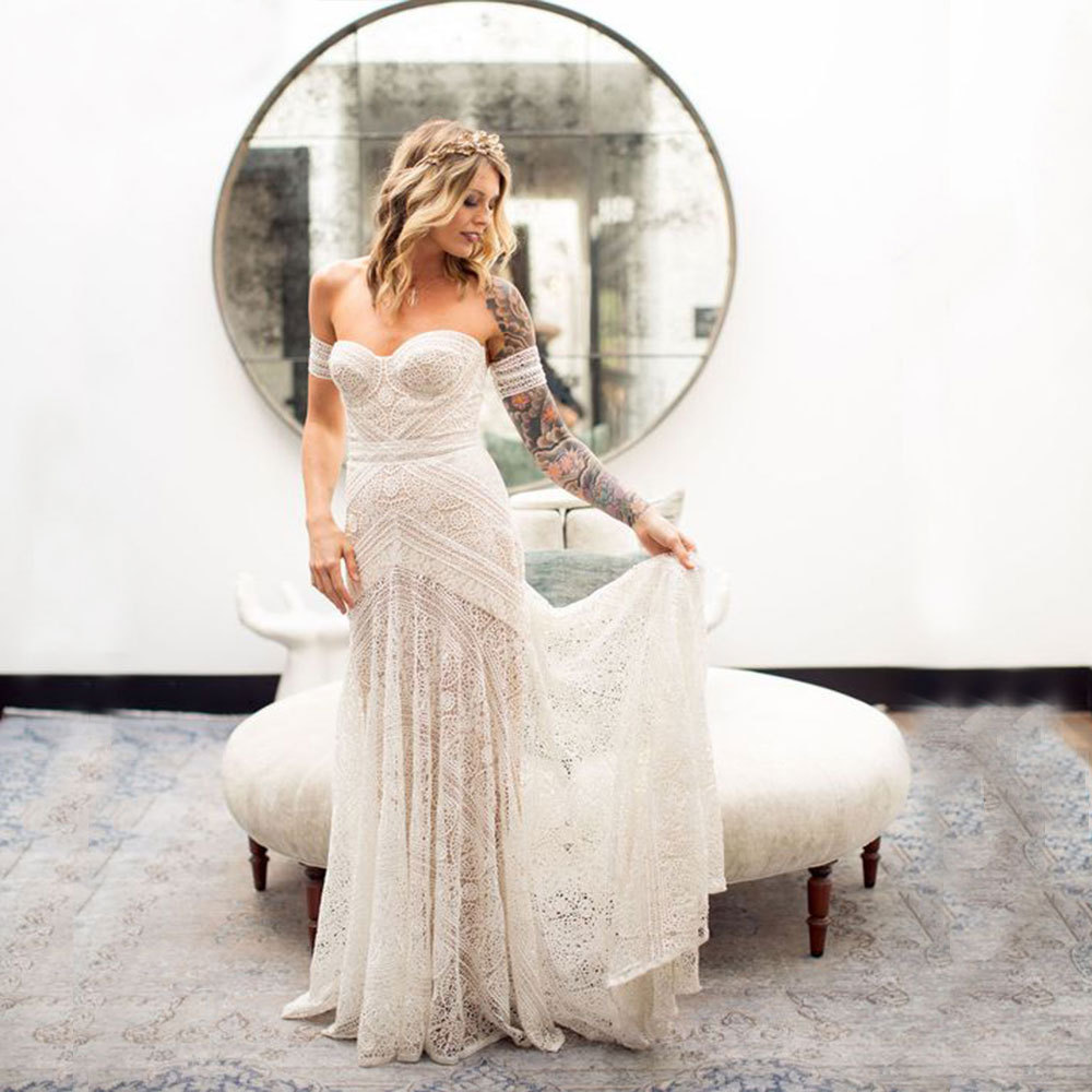 Rustic Full Crochet Lace Mermaid Wedding Dresses Long Bridal Gowns Split Front 2022 Sexy Summer Country Boho Beach Sweetheart Bride Dress Custom Made