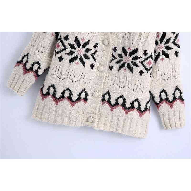 Streetwear Women Geometry Jacquard Sweater Fashion Ladies V-Neck Knitted Tops Causal Female Chic Loose Cardigan 210430