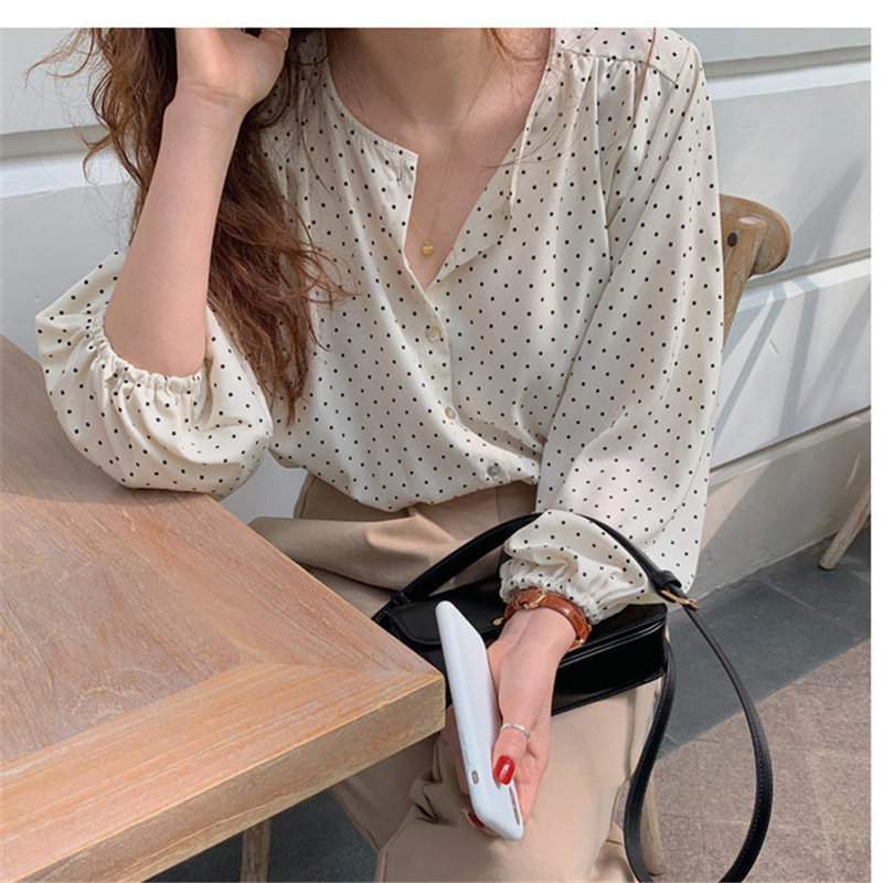 All Match Sweet Polka Dots Chic High Street Vintage O-Neck Brief Gentle Elegance Office Lady Fresh OL Shirts 210421