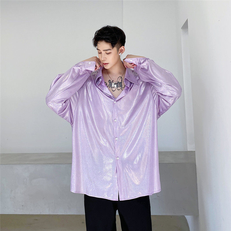 IEFB Men's Wear Oversized Spring Long Sleeve Violet Shirts Spring Blouse Shiny Color Tops Fashion Streetwear 9Y5423 210524