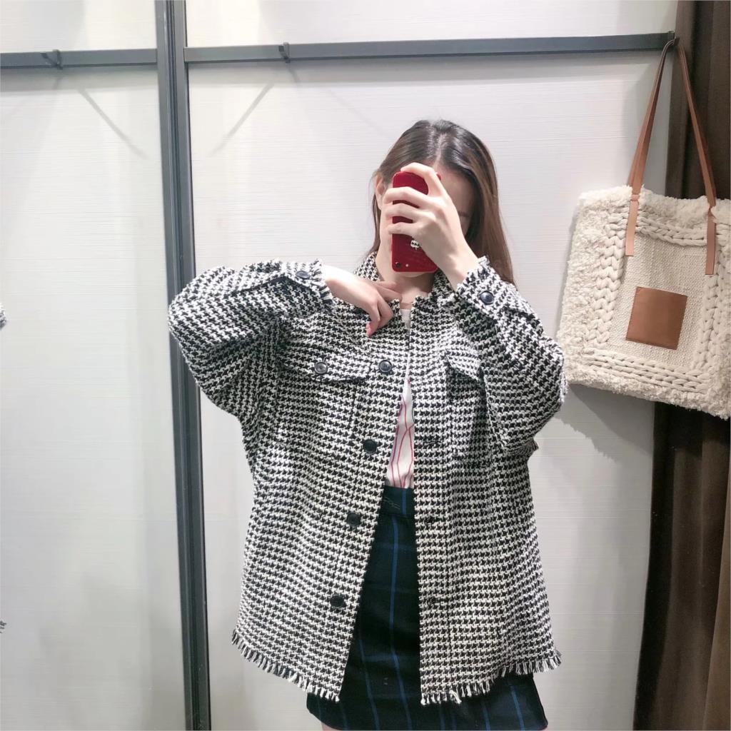 Vintage tassels oversized tweed jacket women winter casual loose button plaid coat ladies office outwear 210521