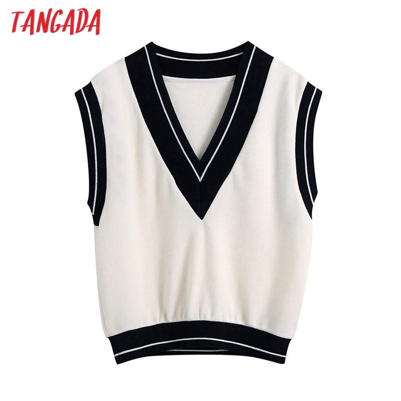 Women Fashion White Knitted Vest Sweater Vintage V Neck Sleeveless Female Waistcoat Chic Tops BE455 210416