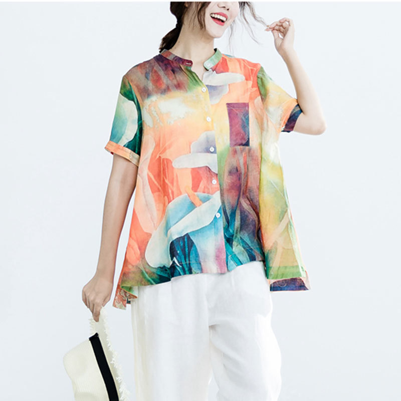 Women Blouse Shirts Plus Size Female Clothing Vintage Print Casual Basic Tops Summer Short Sleeve Blusas Feminina Z502 210512