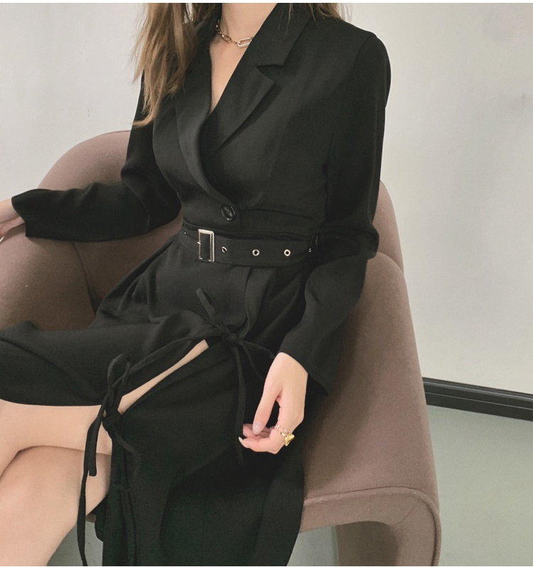 High Quality Women Black Office Ladies Sexy Split Dress Elegant Spring Notched Long Sleeve Casual Belted Midi Dresses Vestido 210519