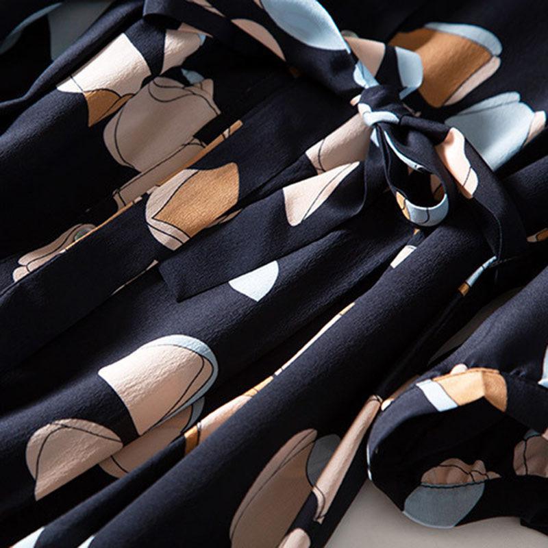 Autumn Korean Lace Up Dress Chiffon Print Shirt Long Skirt Professional Waist Slim Cover Two Piece