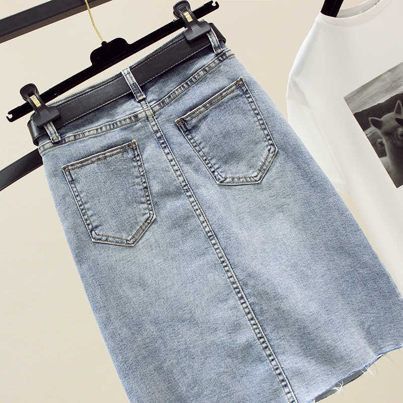 Fitaylor Summer Spring Women Solid Denim Skirt Casual High Waist A-line with Belt Slim Medium Length 210619