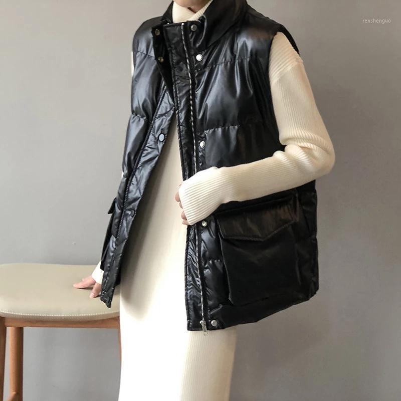 Women's Vests Pu Leather Cotton Warm Vest 2021 Winter Korean Sleeveless Coat Padded Jacket Waistcoat Female Outerwear Tops, Beige