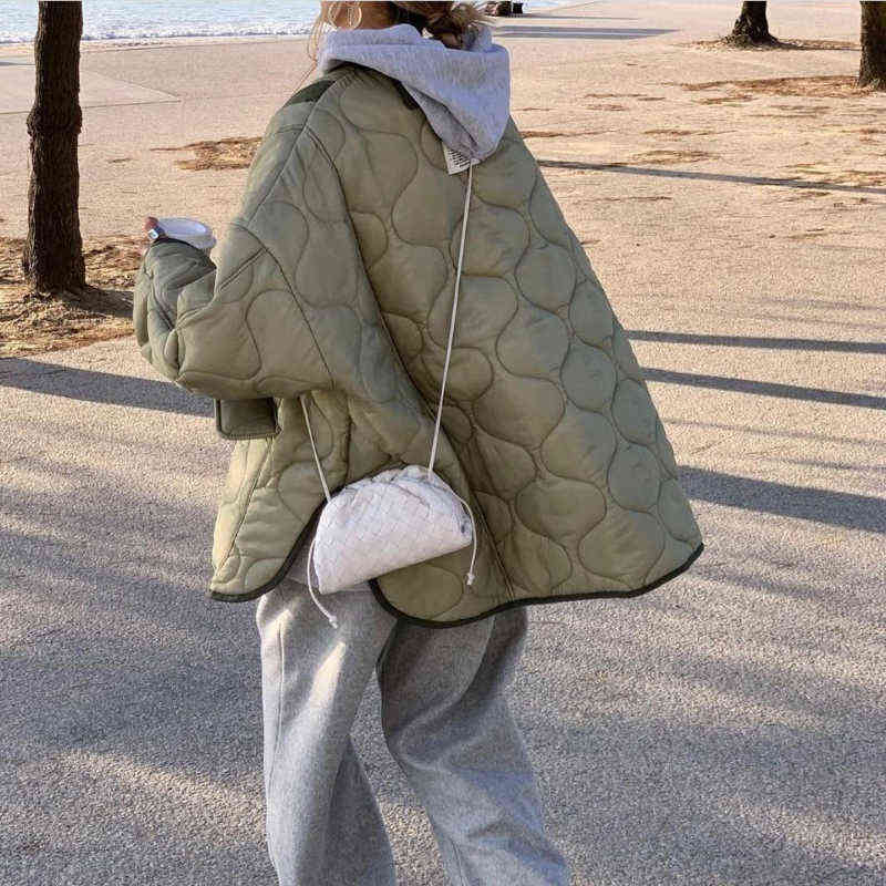 Autumn Winter Women's Loose Jackets Thin Parka Oversize Coats Round Neck Outwear Female Coats Long Sleeve Cotton Clothing 211130