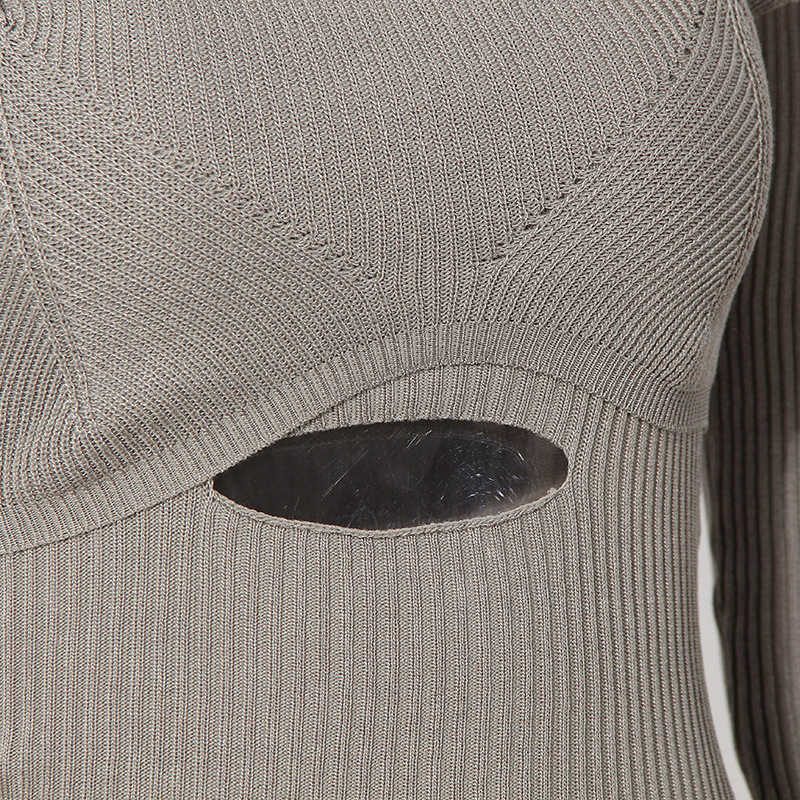 Hollow Out Gray Knitting Sweater Loose Fit Slash Neck Long Sleeve Women Pullovers Fashion Autumn Winter 1DD2267 211011Z