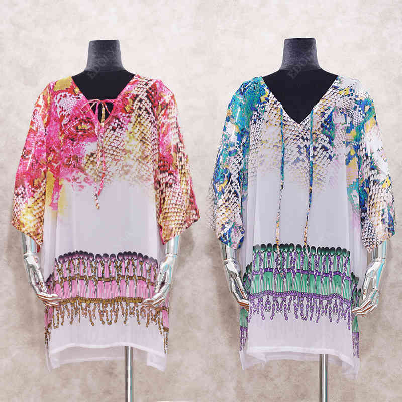 Arrivals Beach Caftan Swimsuit Cover up Print Chiffon Pareo Women Robe Plage Swimwear Dress Sexy Sarong Tunic #Q152 210420