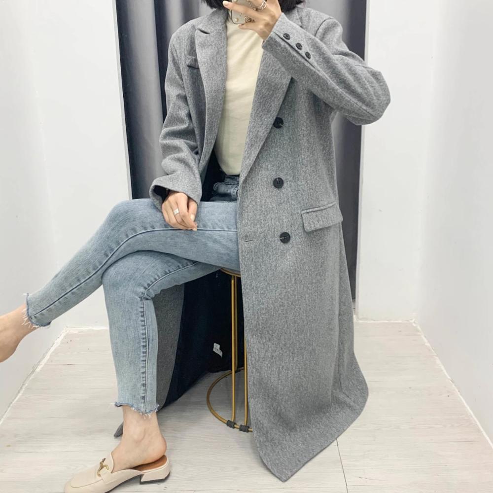 Winter Woolen Blends Long Coat Women Double-breasrted Sleeve Knee Length OL Trench Loose Outerwear 210429