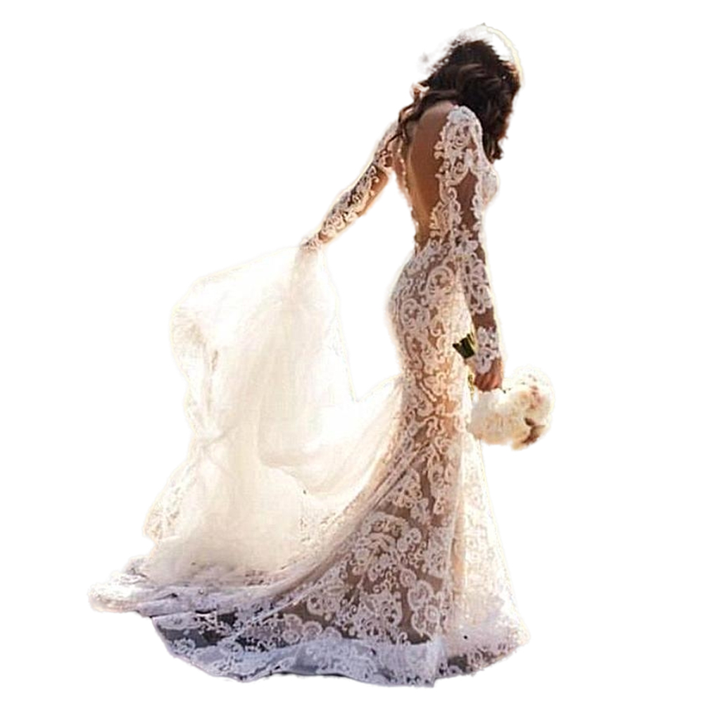 Sexy Nude And Ivory Mermaid Wedding Dress Full Lace Appliques Sheer Backless Buttons Back Long Sleeve Country Bride Dresses Bridal Gowns
