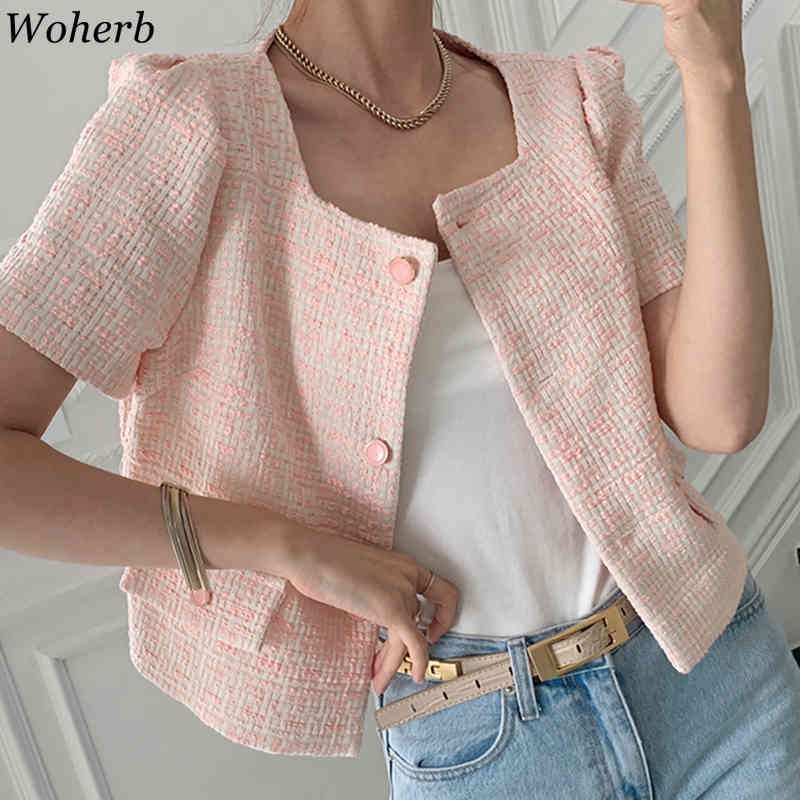 Vintage Women Jackets Summer Korean Chic Short Sleeve Coat Square Collar Casual Tweed Jacket Outwear Femme 210519