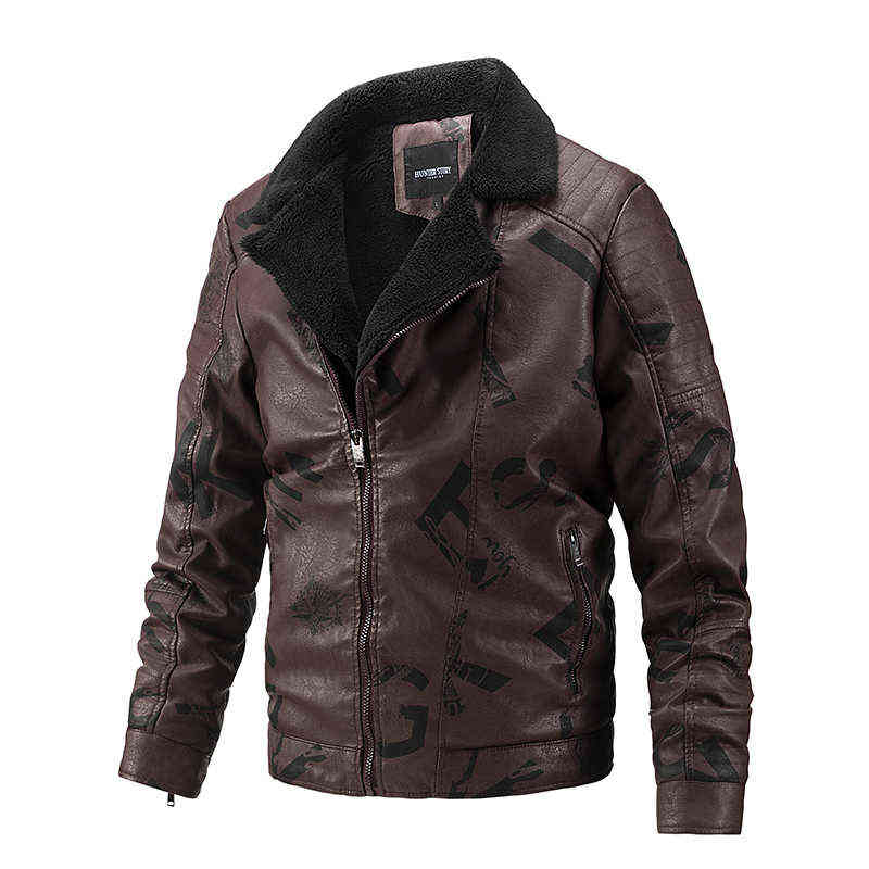 Men Vintage Leather Jacket Turn-down Fur Collar Autumn Winter Thicken PU Jacket Warm Fleece Lined Retro Style Motorcycle Jacket 211111