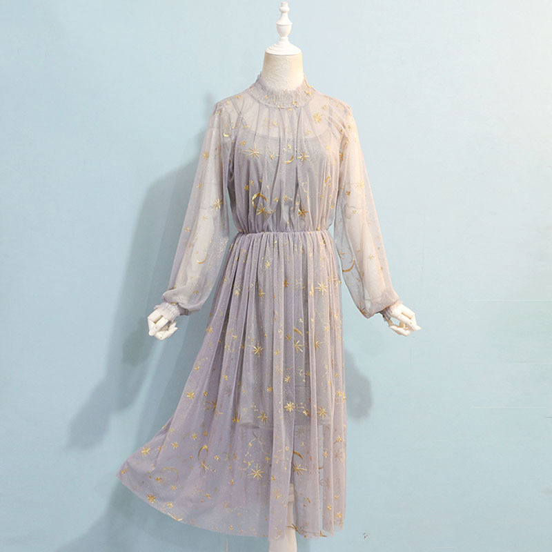 Star Moon Embroidery Dress Women Printing Mesh Puff Sleeve Long Gray Beige Navy Stand Collar Midi Party 12992 210427