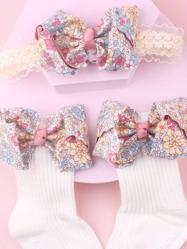 Baby Flower Pattern Bow Decor Hair Band & Socks SHE