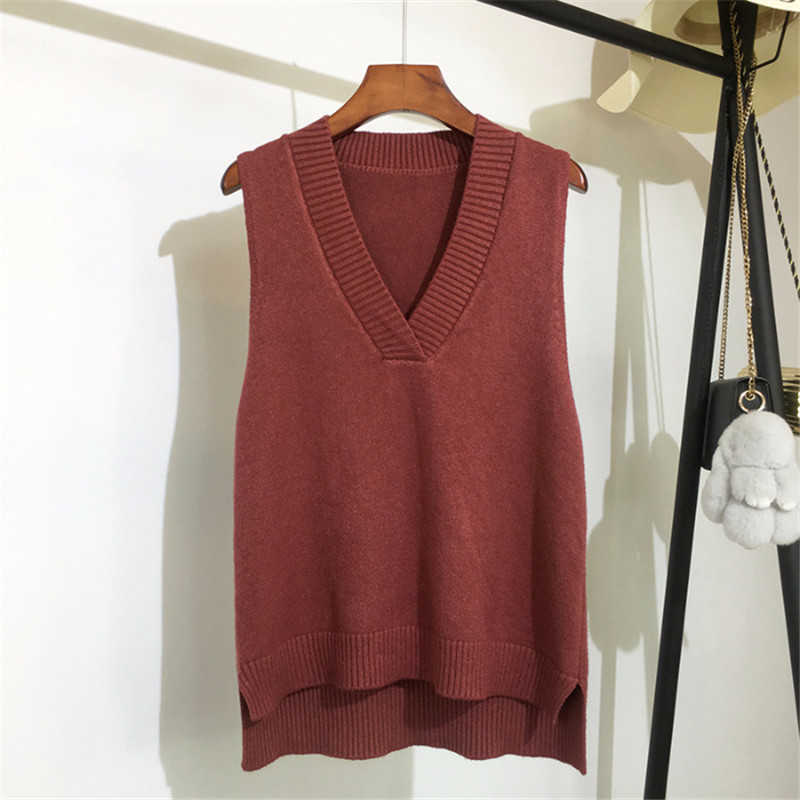 V-neck Knitted Sweater Vests For Women's Autumn And Winter Loose Wild Warm Vest Sleeveless s Woman Oversized 210819