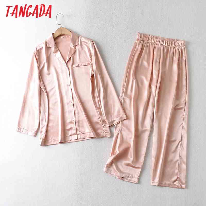 Women's Solid Pink Satin Shirt Pants Fashion Suit 2 Piece Set AI31 210416
