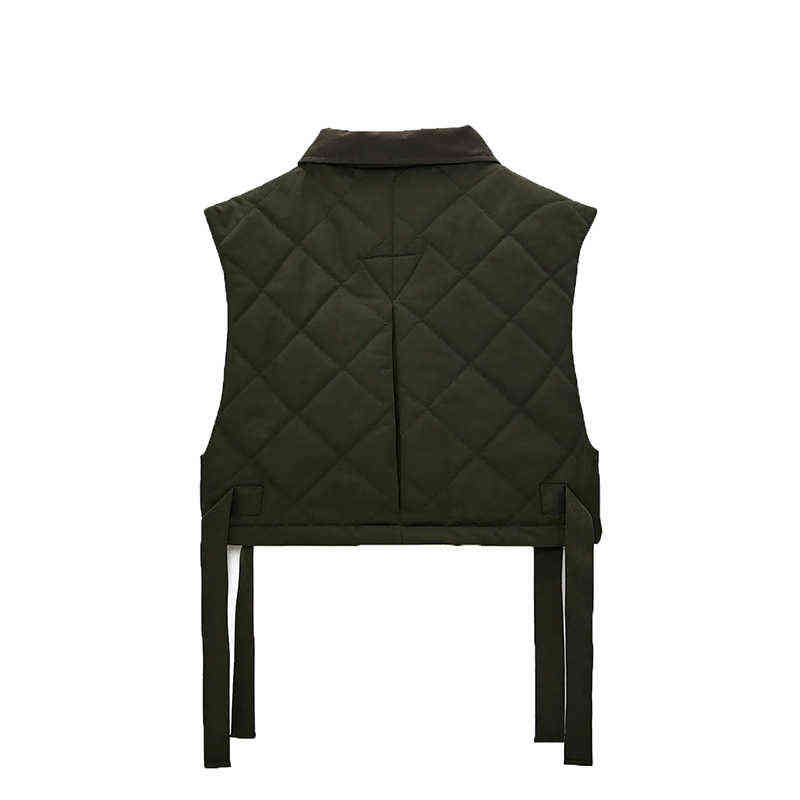Stylish Chic Green Pocekts Quilting Cropped Vests Women Fashion Side Buttons Tie Turn-down Collar Waistcoat 211105