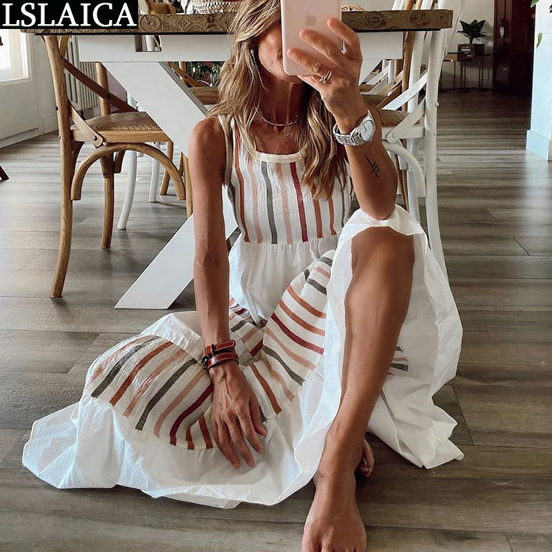 Casual Elegant Striped Print Patchwork Long Dress Sleeveless A-Line Woman Party Club Beach Summer Vestido De Mujer 210520