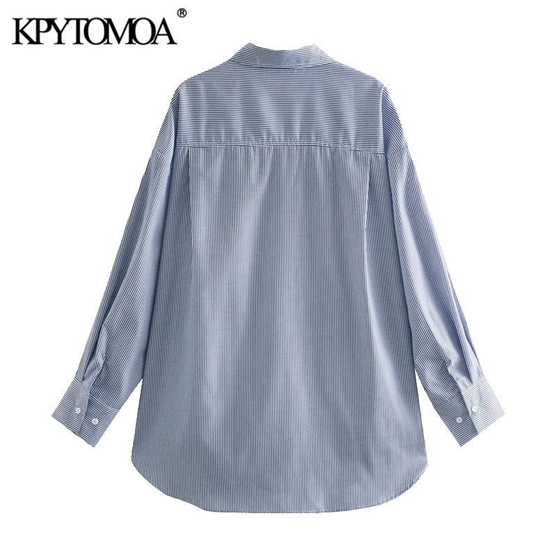 Women Fashion Oversized Side Vents Striped Blouses Long Sleeve Button-up Female Shirts Blusas Chic Tops 210420