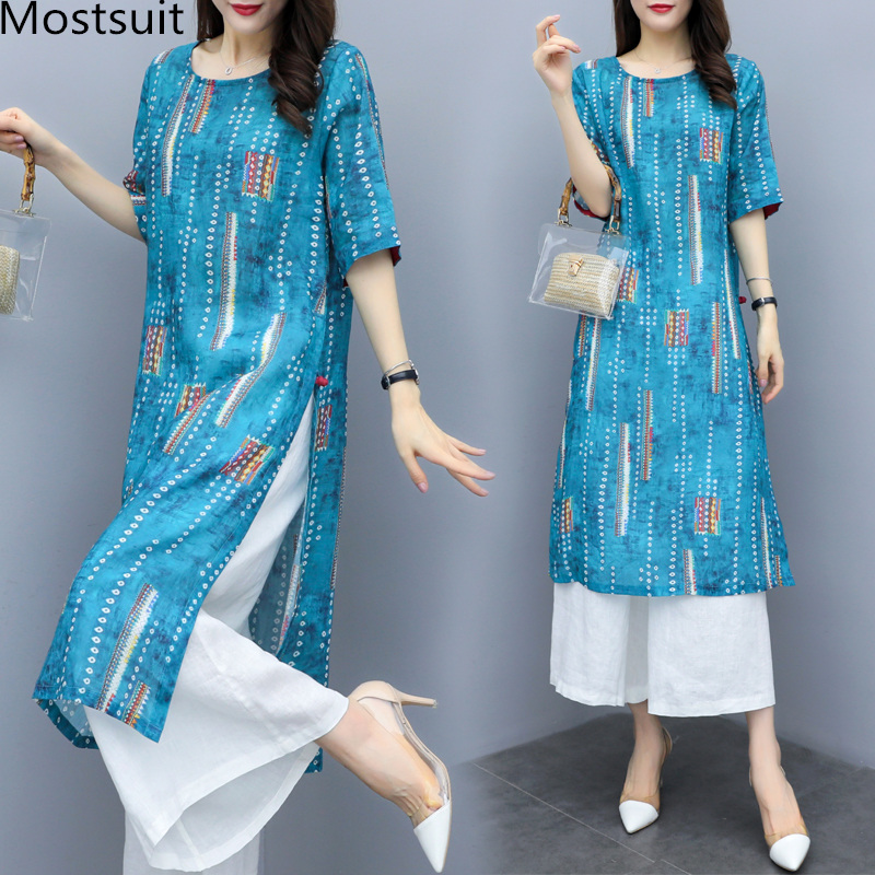 Summer Two Piece Sets Outfits Women Plus Size Printed Chiffon Long Blouses And Wide Leg Pants Suits Vintage Elegant 210518, As pictured
Summer Two Piece Sets Outfits Women Plus Size Printed Chiffon Long Blouses And Wide Leg Pants Suits Vintage Elegant 210518, As pictured