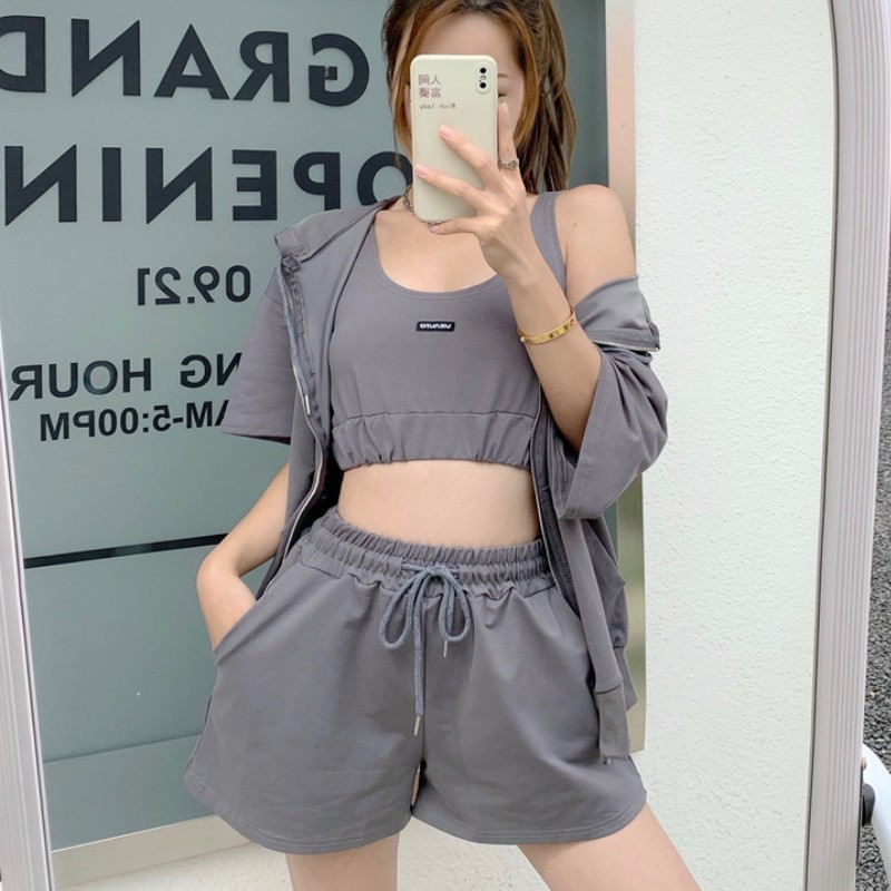 Summer Three-Piece Set Casual Solid Color Sports Hooded Loose coat + Sexy Vest Top + Shorts Suit Women Outfits 210518