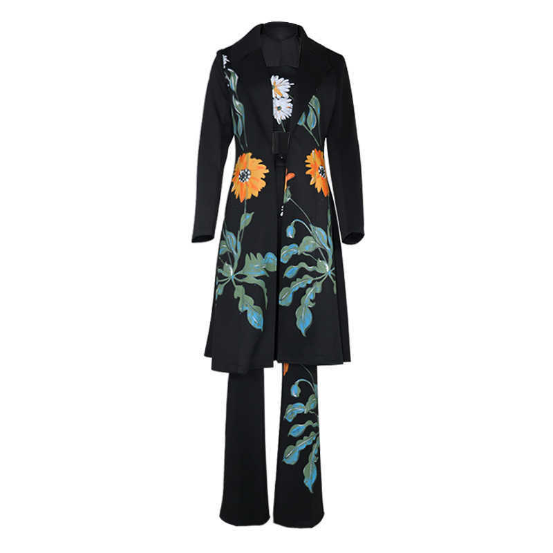 Women Long Trench Coat Sets 's Autumn Winter Fashion Temperament Print Flower Windbreaker Wide Leg Pants Suit 210930