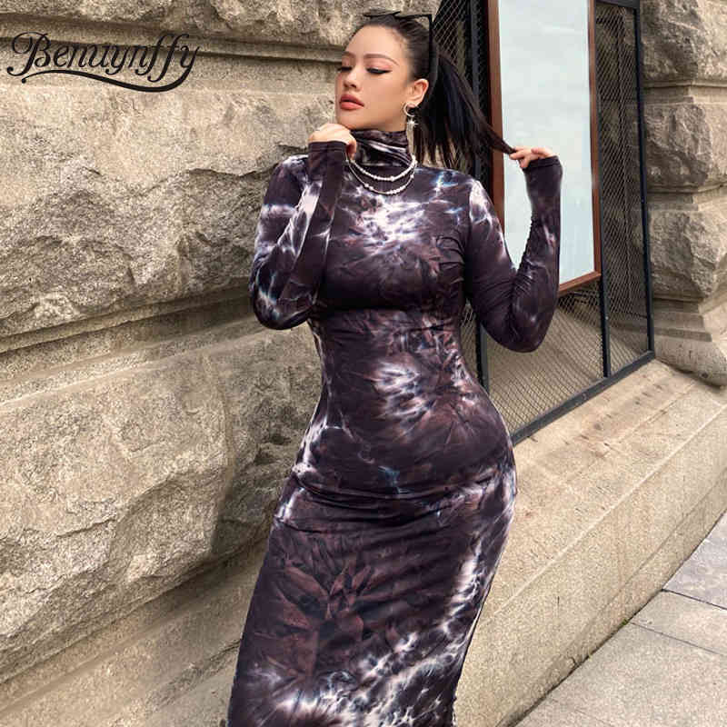 Turtleneck Tie Dye Slim Fit Long Dress Women Spring High Waist Sleeve Plus Size Ladies Elegant Bodycon 210510