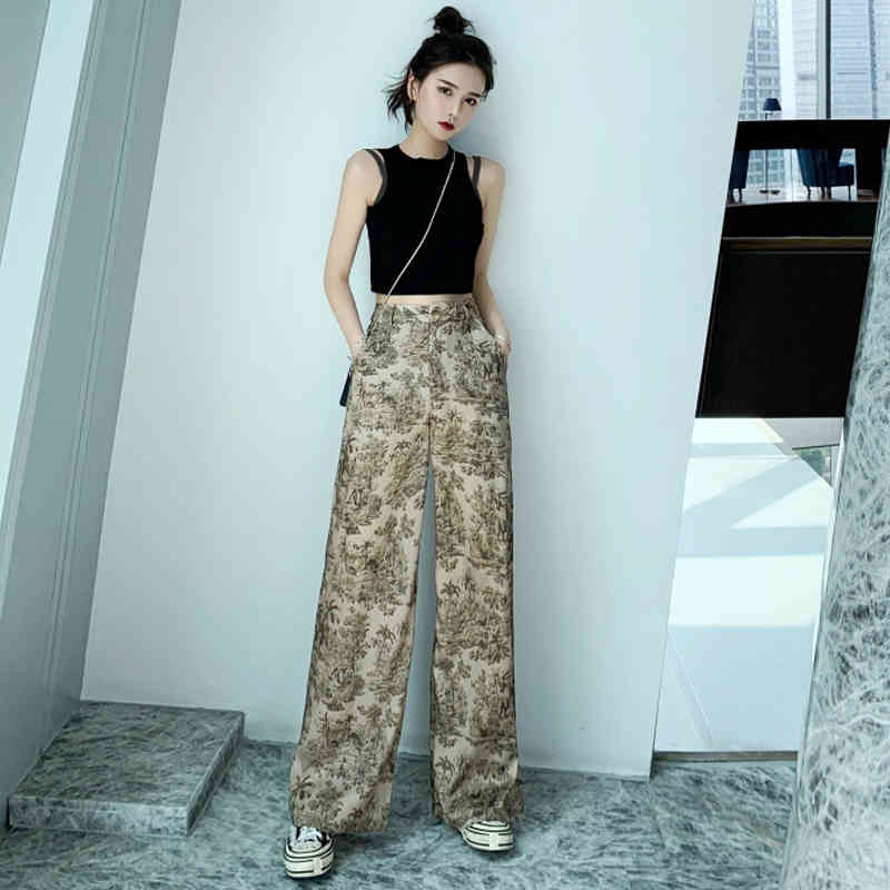 Korean Style Wide Leg Pants Women Vintage Harajuku Print High Waist Trousers Summer Female Palazzo Pants 22828 210417