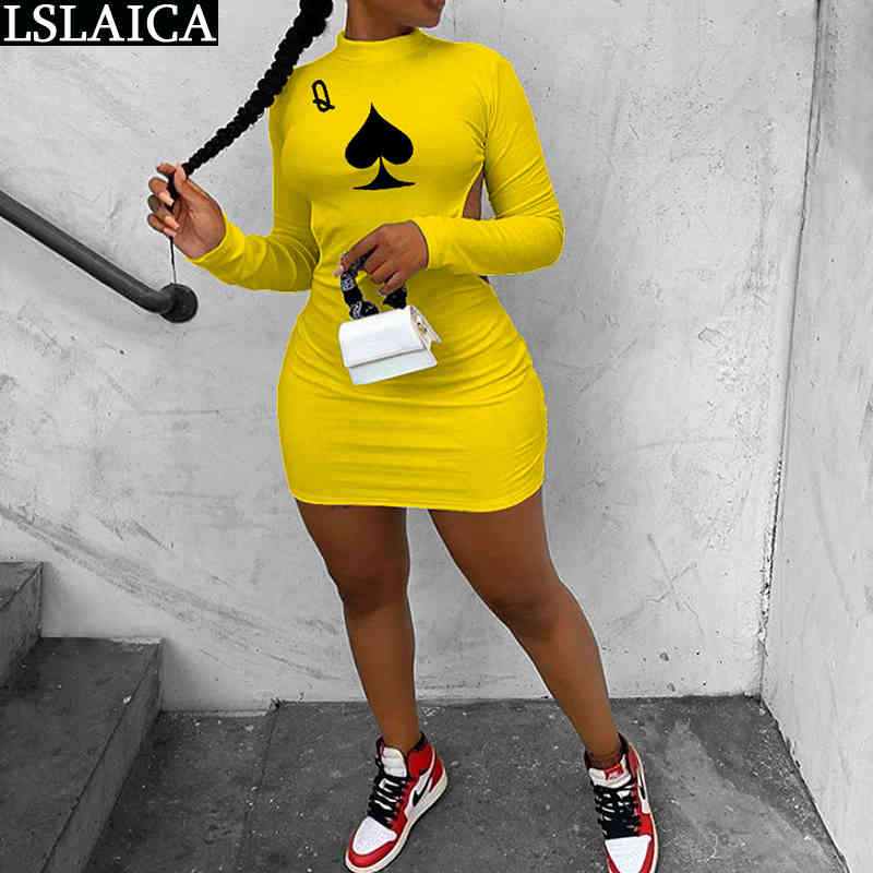 Sexy Dress Poker Print Backless Long Sleeve Stand Collar Mini Bodycon Fashion Club Autumn Vestido De Mulher 210515