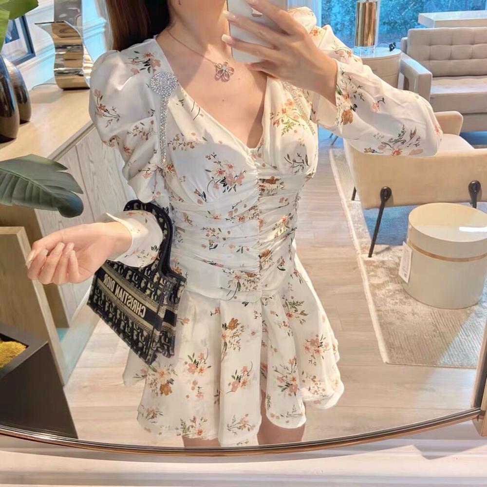 Women Sexy V neck Flower Print Puff Sleeve Pleated Ruffles Mini Dress Package Hips Hem Irregular Party Dresses 210429
