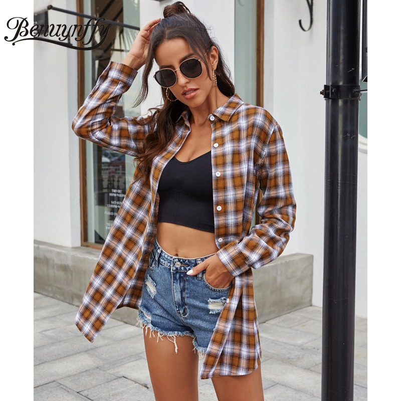 Autumn Winter Women Fashion Long Plaid Shirt Button Up Lapel Sleeve Woman Shirts Outwear Casual Tops Blouses 210510