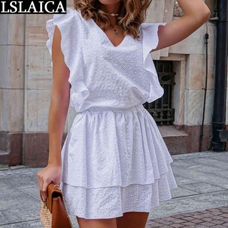 Ruffled Bohemian Dress for Women Vacation Casual Short Simple Small Fresh Style Party Solid Color Vestidos De Verano 210515
