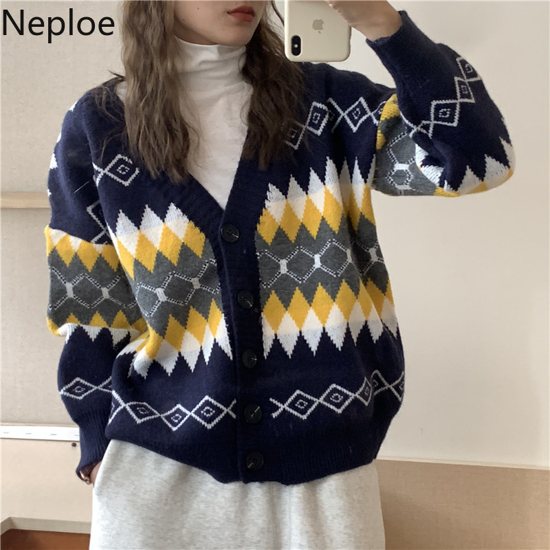 Neploe Knitted Plaid Cardigan Winter Clothes Thicked Knitted Sweater Women Pull Femme Loose Casual Knitwear Sueter Coat 210422