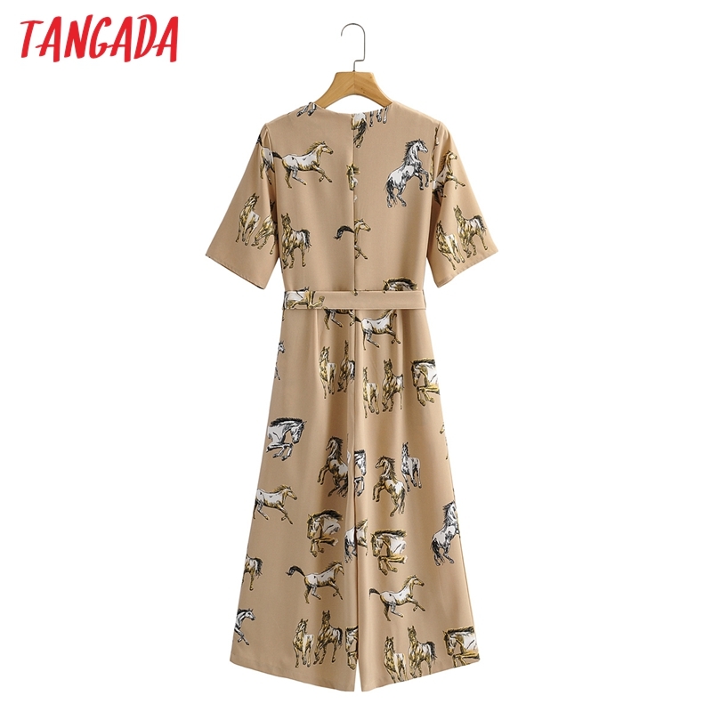 Women Animal Print Chiffon Short Sleeve Slash Back Zipper Female Casual Jumpsuit 1F118 210416