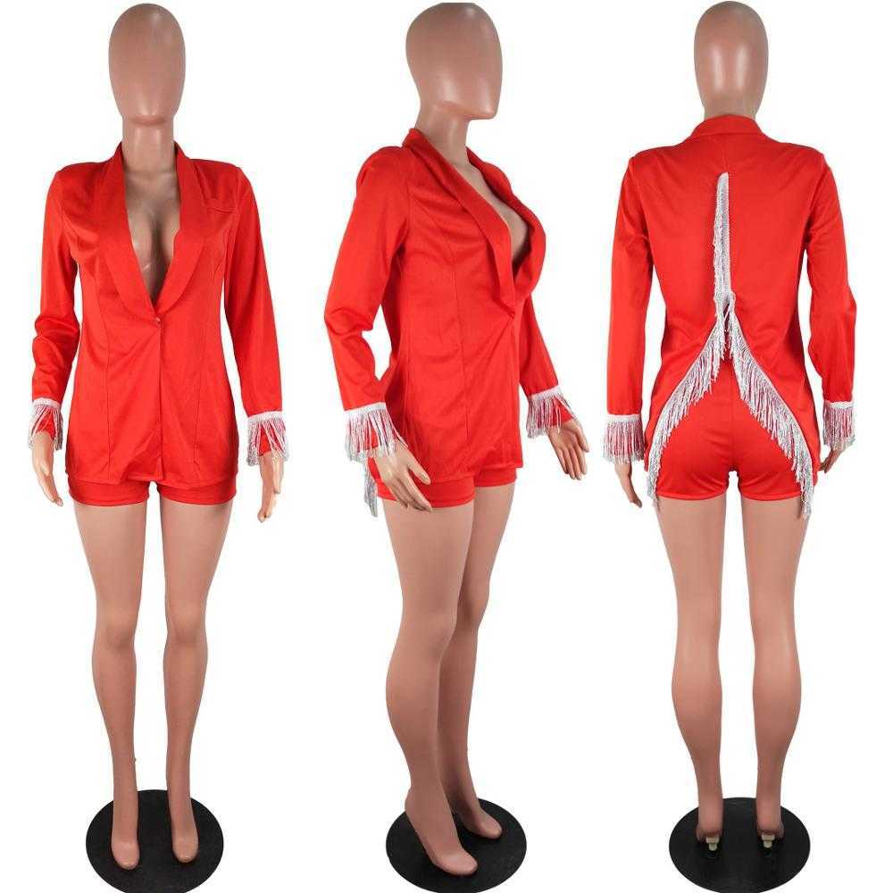Women Set Sexy Tassel Deep V Neck Suit Jacket Coat And Shorts Two Piece Outfits 210707