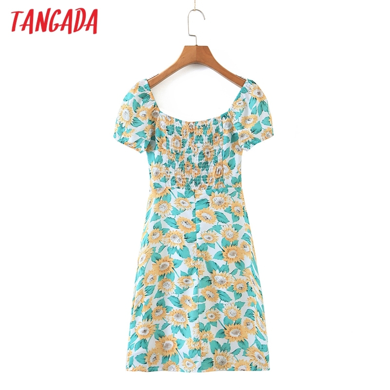Women Green Floral Summer Off Shoulder Short Sleeve Ladies Mini Dress Vestidos DZ16 210416