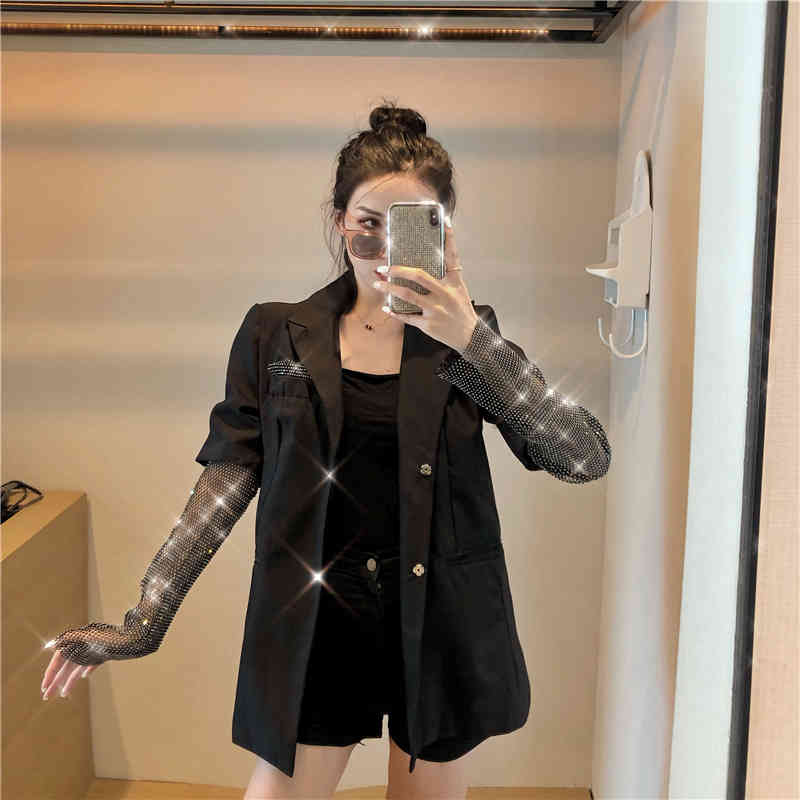 Runway Spring Summer Solid Blazer For Women Long Sleeve Diamond Patchwork Elegant Coat Female Fashion Clothing 210506